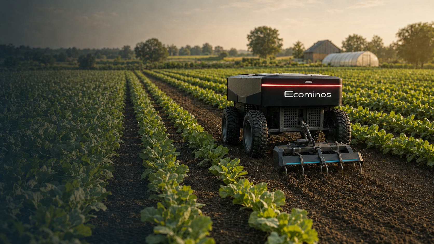 Concept visual of Ecominos cultivating between vegetable rows