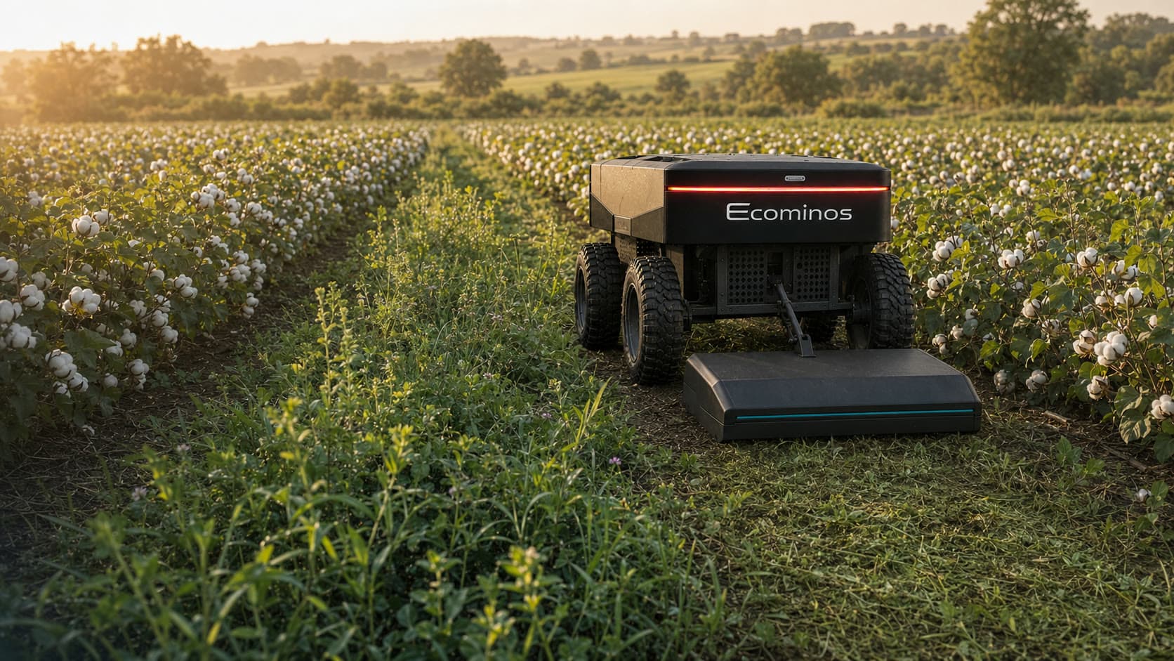 Concept visual of Ecominos managing weeds between cotton rows