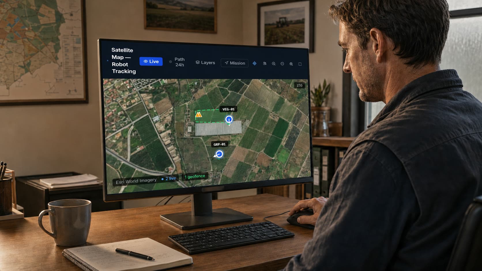 Farm Intelligence interface concept showing robot locations and mission areas on a field map