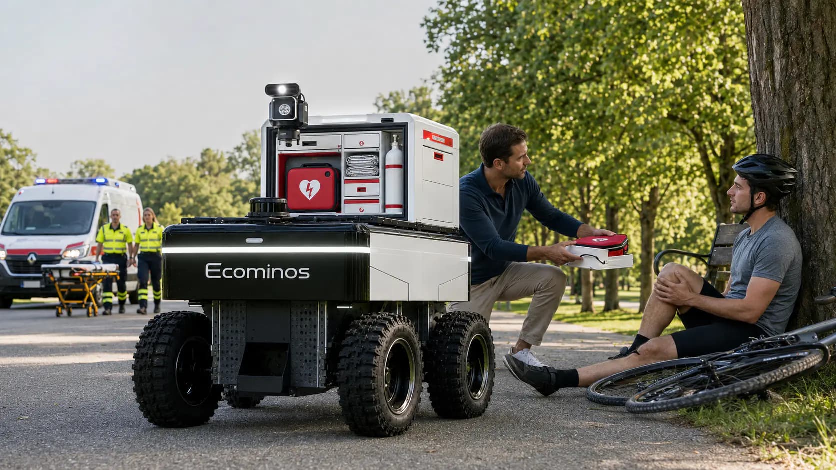 Ecominos robot with its first-aid cabinet open on a park path, a bystander taking the defibrillator to an injured cyclist, ambulance behind