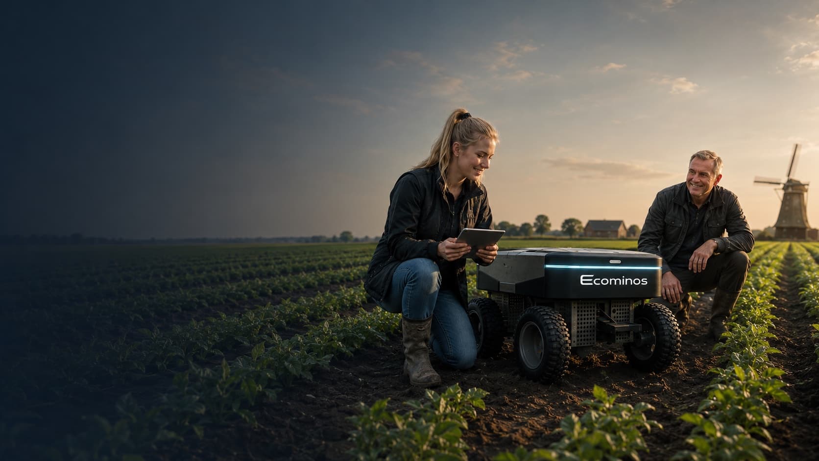 Two generations of farmers beside Ecominos in the field at dusk, the younger one holding a tablet