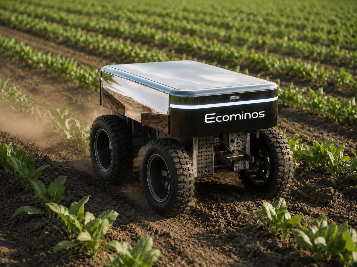 Ecominos field robot driving between rows of vegetable crops