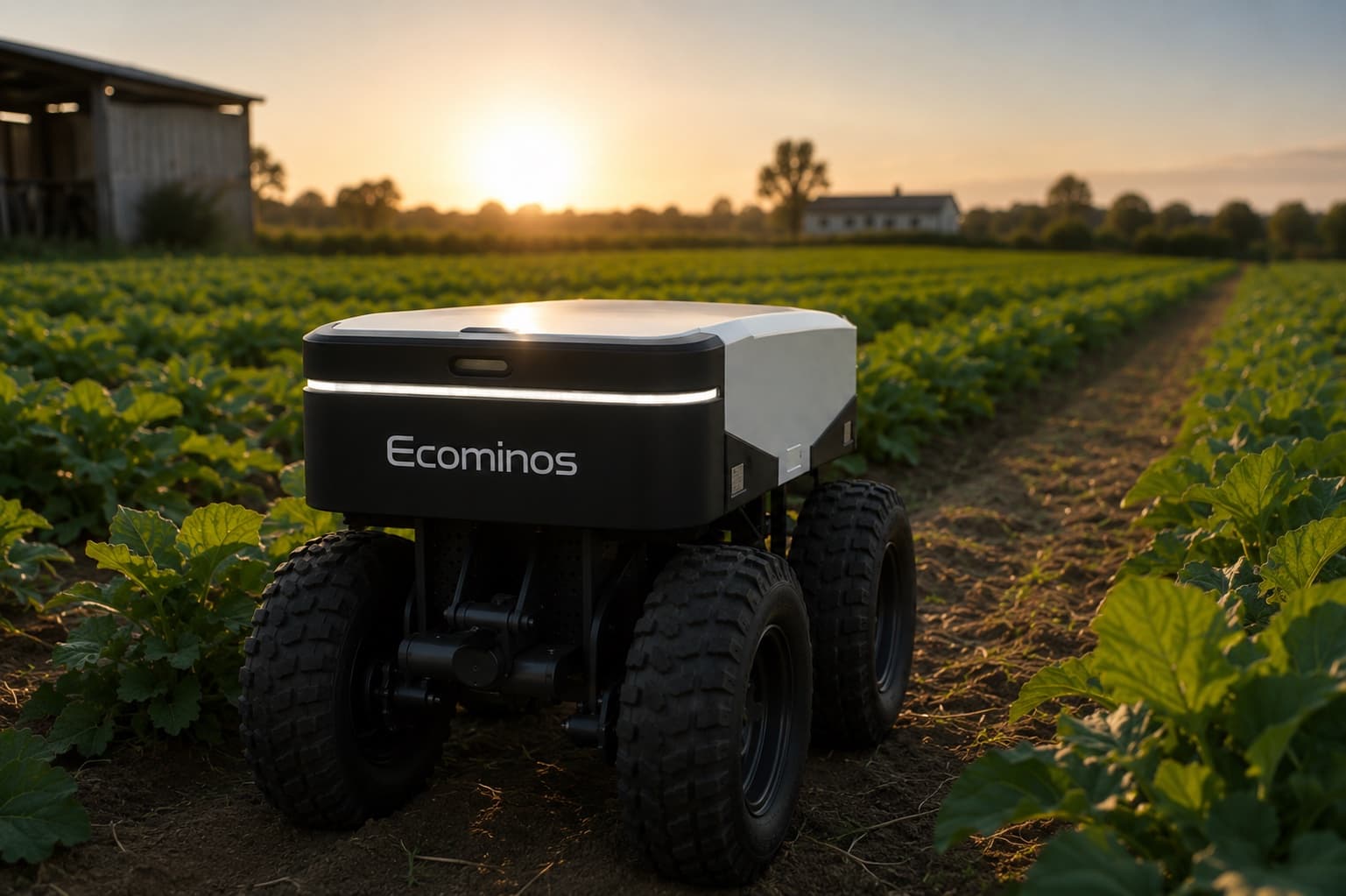 Ecominos autonomous farming robot parked in a row-cropped field at sunset, farmhouse and barn in the background