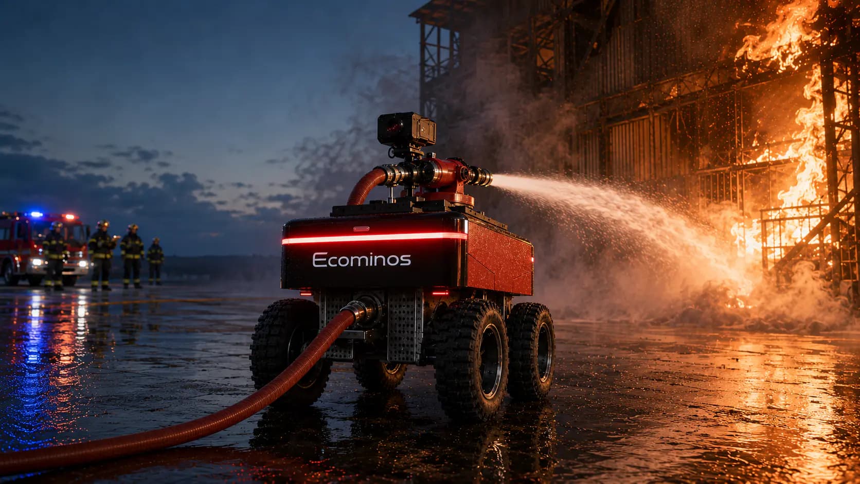 Ecominos robot directing water at a burning industrial building, a non-agricultural duty scenario