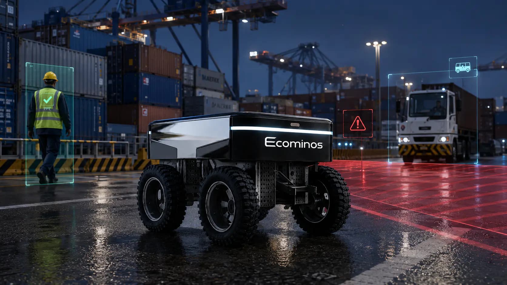 Ecominos robot patrolling a container port at night, interface overlays flagging a worker's protective equipment and an approaching truck