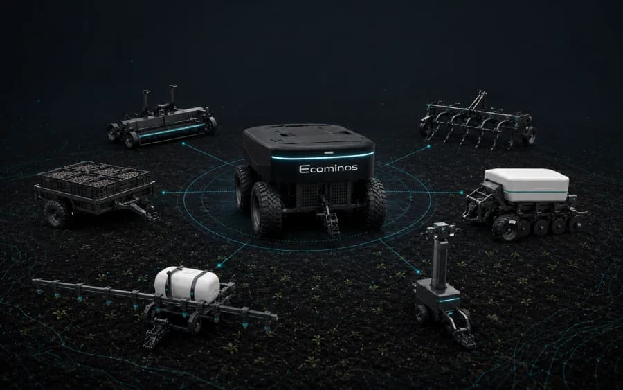 Ecominos robot platform surrounded by swappable agricultural modules