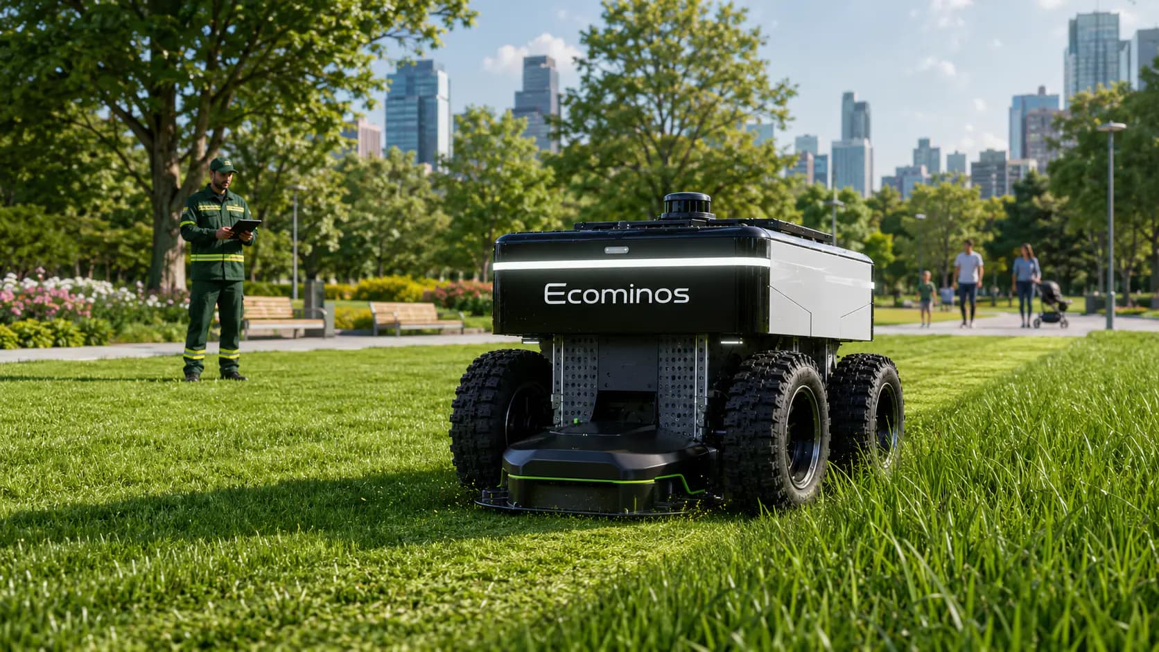 Ecominos autonomous robot mowing a city park lawn while a municipal groundskeeper monitors it on a tablet