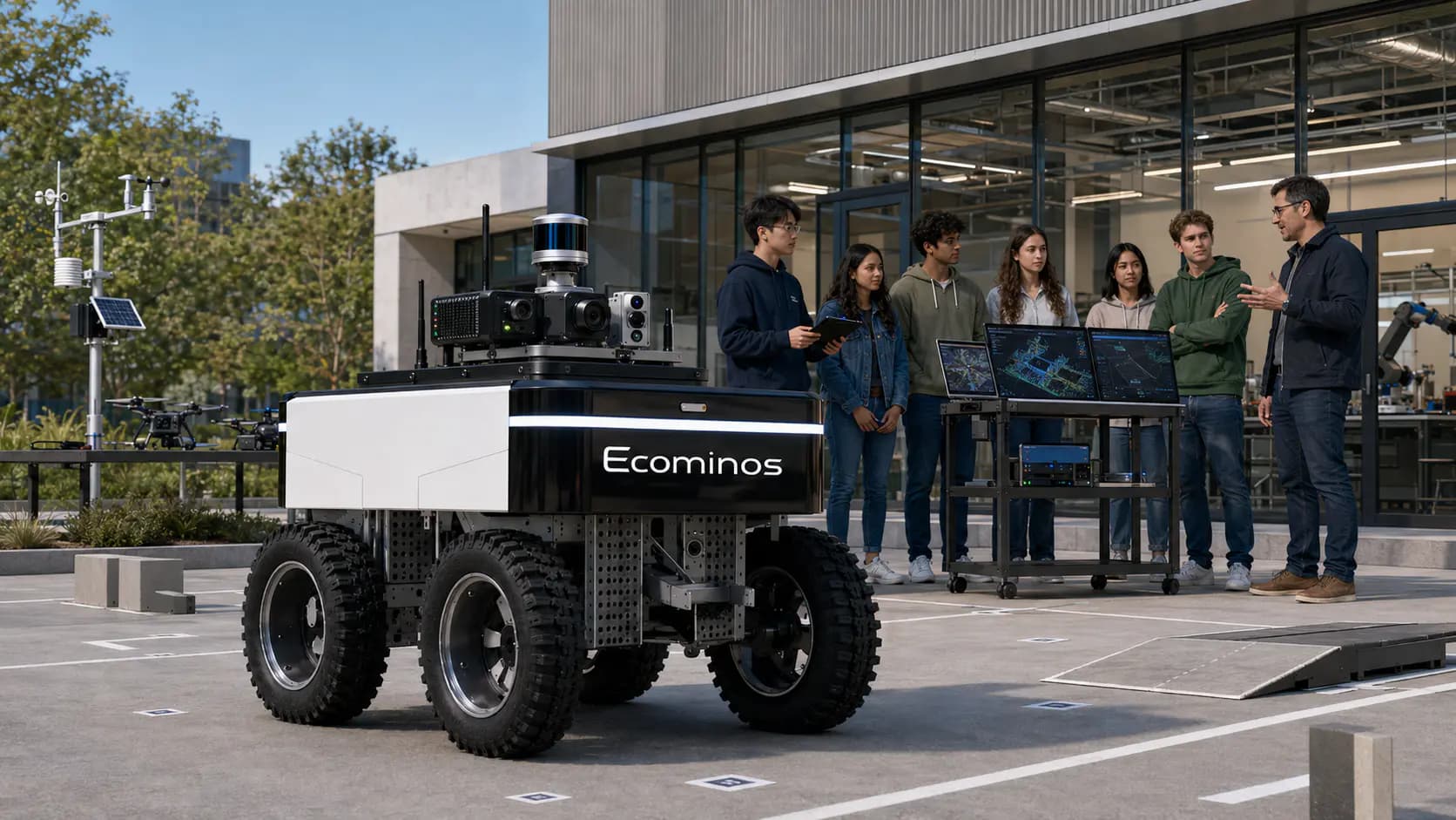 Students and a lecturer examining an Ecominos research platform fitted with a sensor mast on a university campus