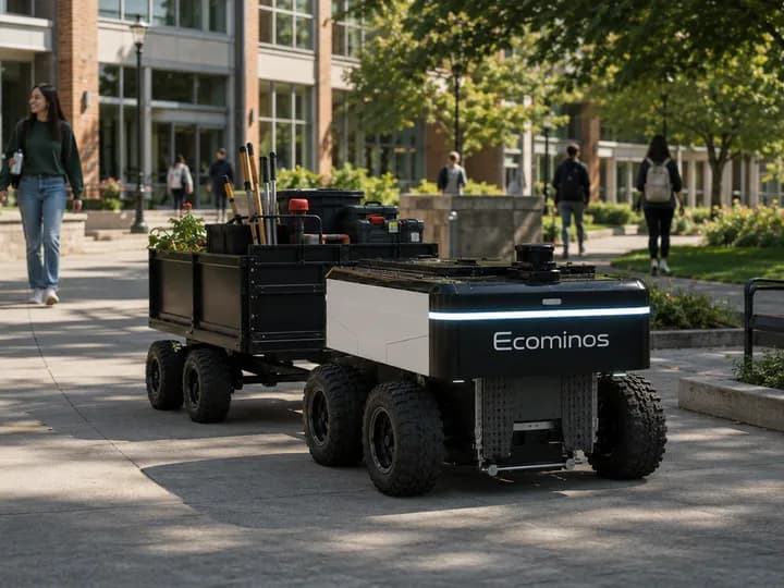 Robot platform moving along a campus footpath with a tool trailer, students walking nearby