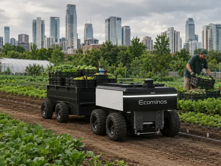 Robot platform carrying crates of seedlings through a growing plot, with the city skyline behind