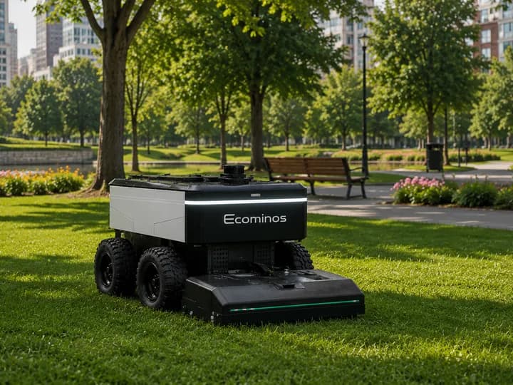 Compact robot platform mowing a lawn in an urban park