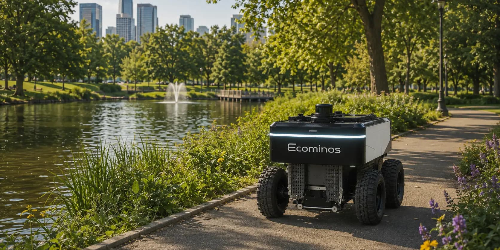 Orbiba robot platform moving along a waterside park path beside a pond and fountain, with the city skyline behind