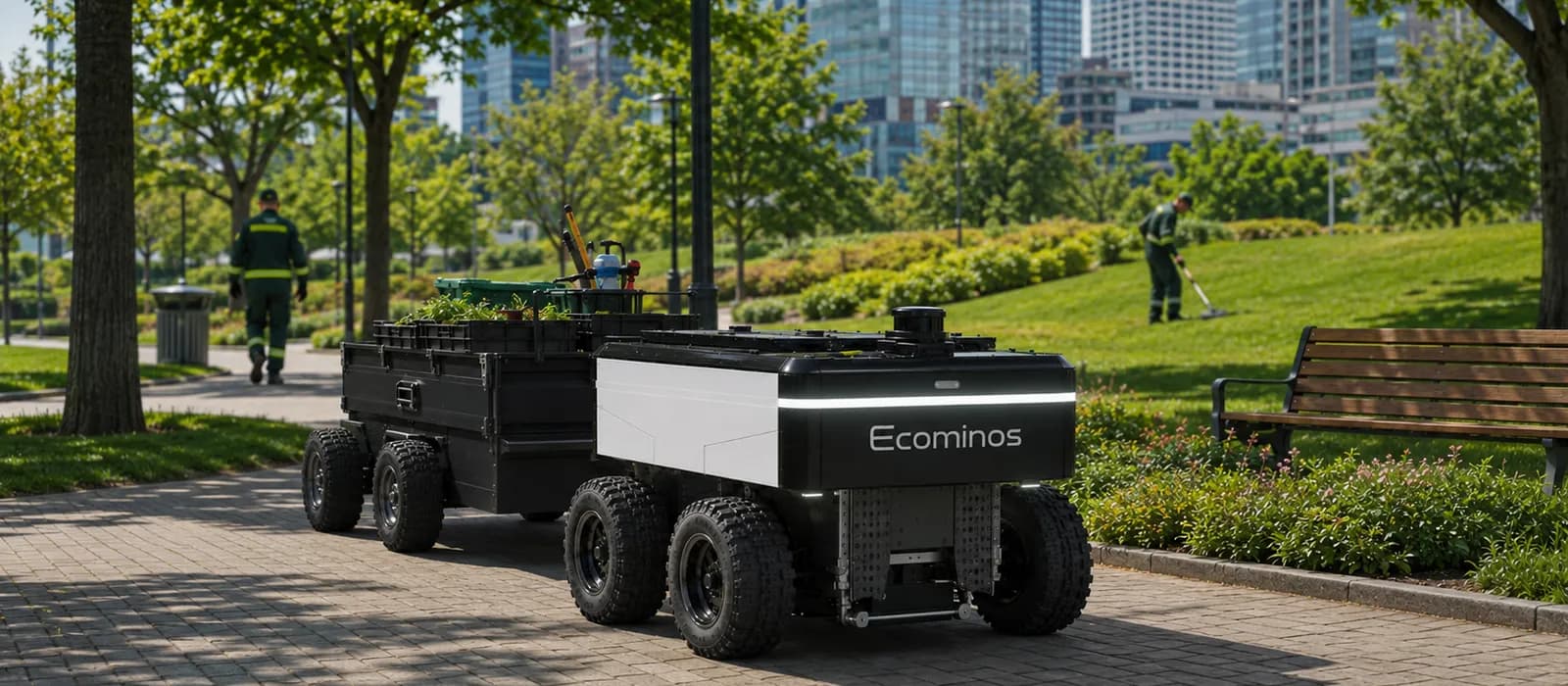 Robot platform towing a tool trailer through an urban park, a groundskeeper maintaining the lawn and the city skyline behind