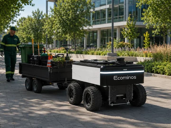 Robot platform hauling a trailer of waste containers across a managed site, with a groundskeeper alongside