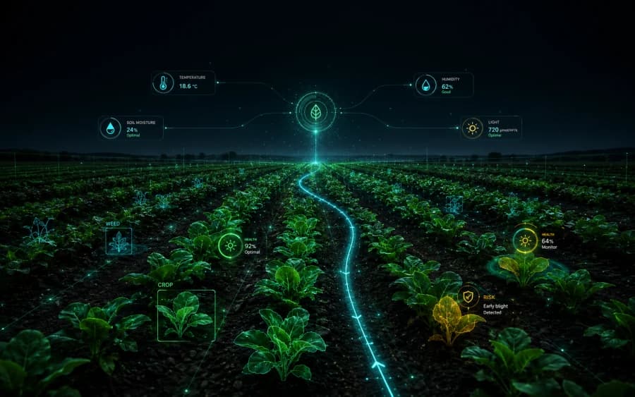 Digital field where AI models analyse plant health, moisture and disease risk