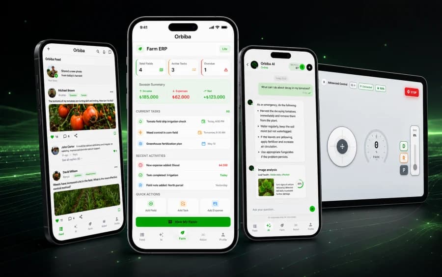 Orbiba farmer app, AI assistant and robot-control interfaces across phones and a tablet