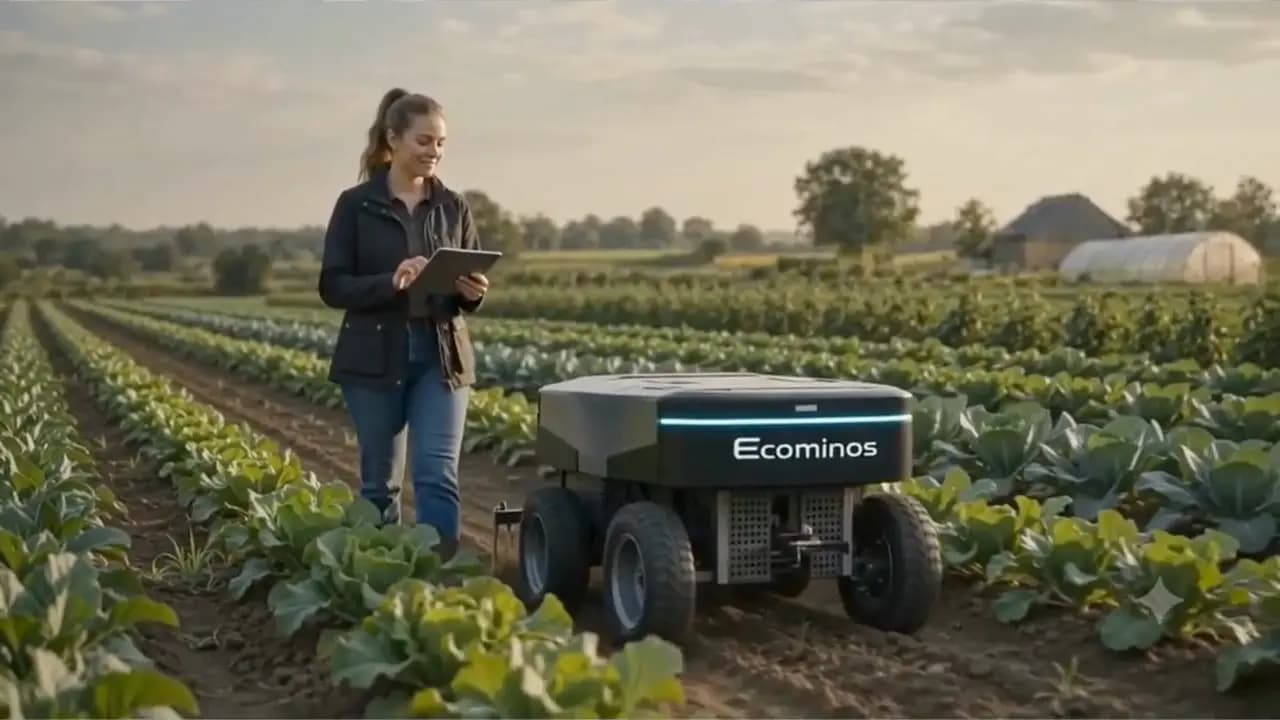 Ecominos moving between vegetable rows while a grower follows on a tablet.